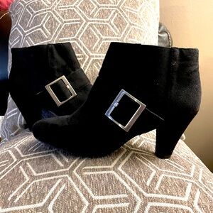 Black suede booties with silver buckle and inside zipper 7 1/2 M approx 3” heel